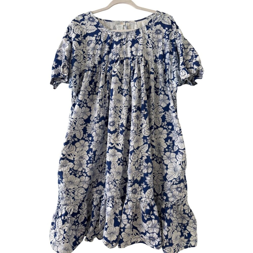 Vintage Simply Basic Blue & White Floral Cotton Midi Dress With Pockets L